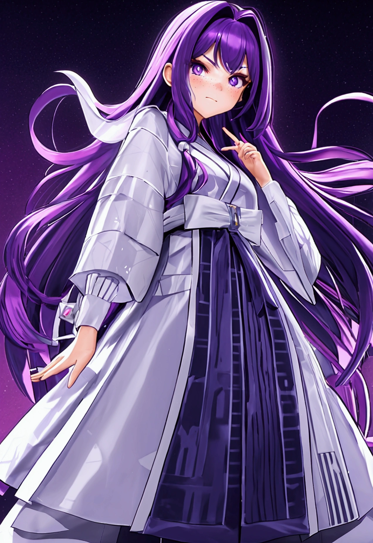 Hikari Hyuga, a 12 year old girl with long hair with curtain fringe, purple hair not very dark but with light, white eyes, dressed as a ninja, elegant yet functional outfit, clear skin, light freckles, wavy hair with elegant and pretty style clothes