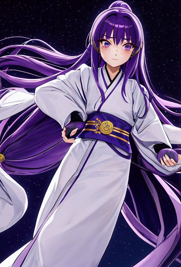 Hikari Hyuga, a girl with long hair with curtain fringe, purple hair not very dark but with light, white eyes, dressed as a ninja, elegant yet functional outfit, clear skin, light freckles, wavy hair with elegant and pretty style clothes
