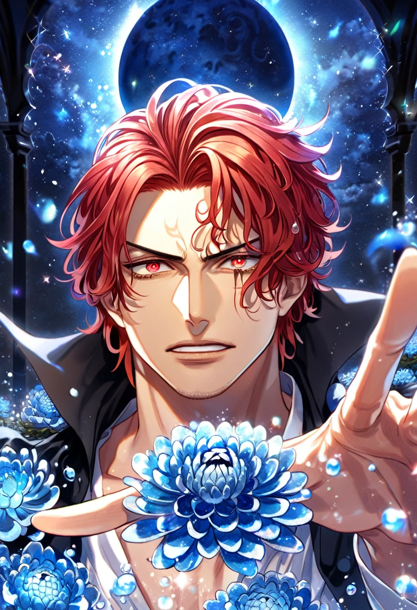 absurdres, highres, ultra detailed, HDR, master piece, best quality, extremely detailed, Shanks, red hair, expressive red eyes, One Piece, solo, sexy man, handsome, black cape, white shirt, fantasy, water, sparkling, blue glittering fireflies, blue moon, blue blossoms, blue chrysanthemums, blue sparkling lights, starry sky, magical 