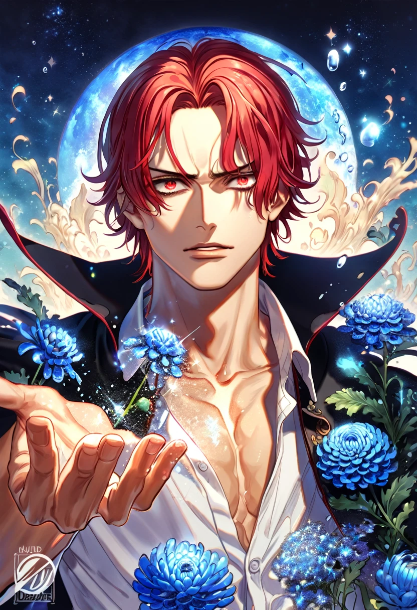 absurdres, highres, ultra detailed, HDR, master piece, best quality, extremely detailed, Shanks, red hair, expressive red eyes, One Piece, solo, sexy man, handsome, black cape, white shirt, fantasy, water, sparkling, blue glittering fireflies, blue moon, blue blossoms, blue chrysanthemums, blue sparkling lights, starry sky, magical 