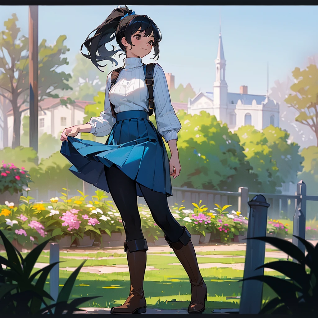 (high quality, High resolution, Very detailed, reality:1.37), Peaceful atmosphere, (Outdoor, garden), age girl standing alone, (my breasts are big.), Beautiful details, Cute Smile, (Black hair ponytail), Ribbed sweater, Blue Skirt, Black tights, Brown boots.
