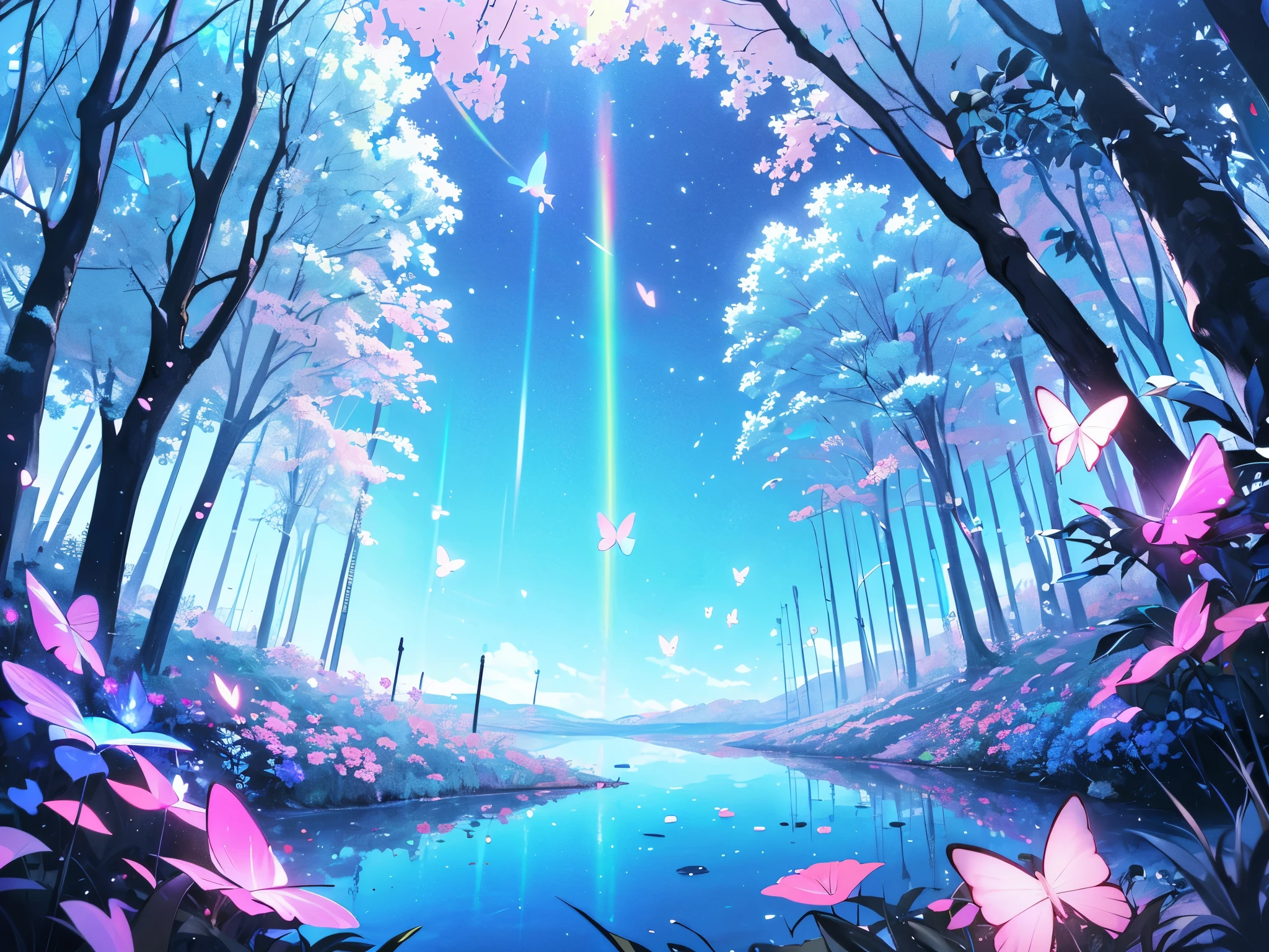 A mystical grove, with luminous flowers, multicolored neon butterflies, crystal clear water, beautiful trees, (((unique view with extremely vivid multicolors without any people))), {extremely detailed 16k CG unity wallpaper}, expansive natural landscape photography, (wide open field view), (low angle shot),complex details, (iridescent colors: 1.6), (bright lighting), (atmospheric lighting), Dreamy, unique, no people, reflections perfect,(no humans),landscape only, pixiv fantasia