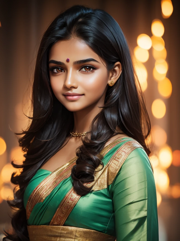 Fair Indian complexion with a healthy glow. Young girl (20yo), orange eyes that shimmer like flickering flames, framed by long, dark eyelashes.
Straight eyebrows elegantly frame her face.
Dark brown hair cascades down in sleek strands.
A small, distinct black dot on the upper side of her left cheek.
A straight nose with a subtle curve.
Thin, well-defined lips with a natural pink hue.
Radiant smile that exudes warmth and happiness.