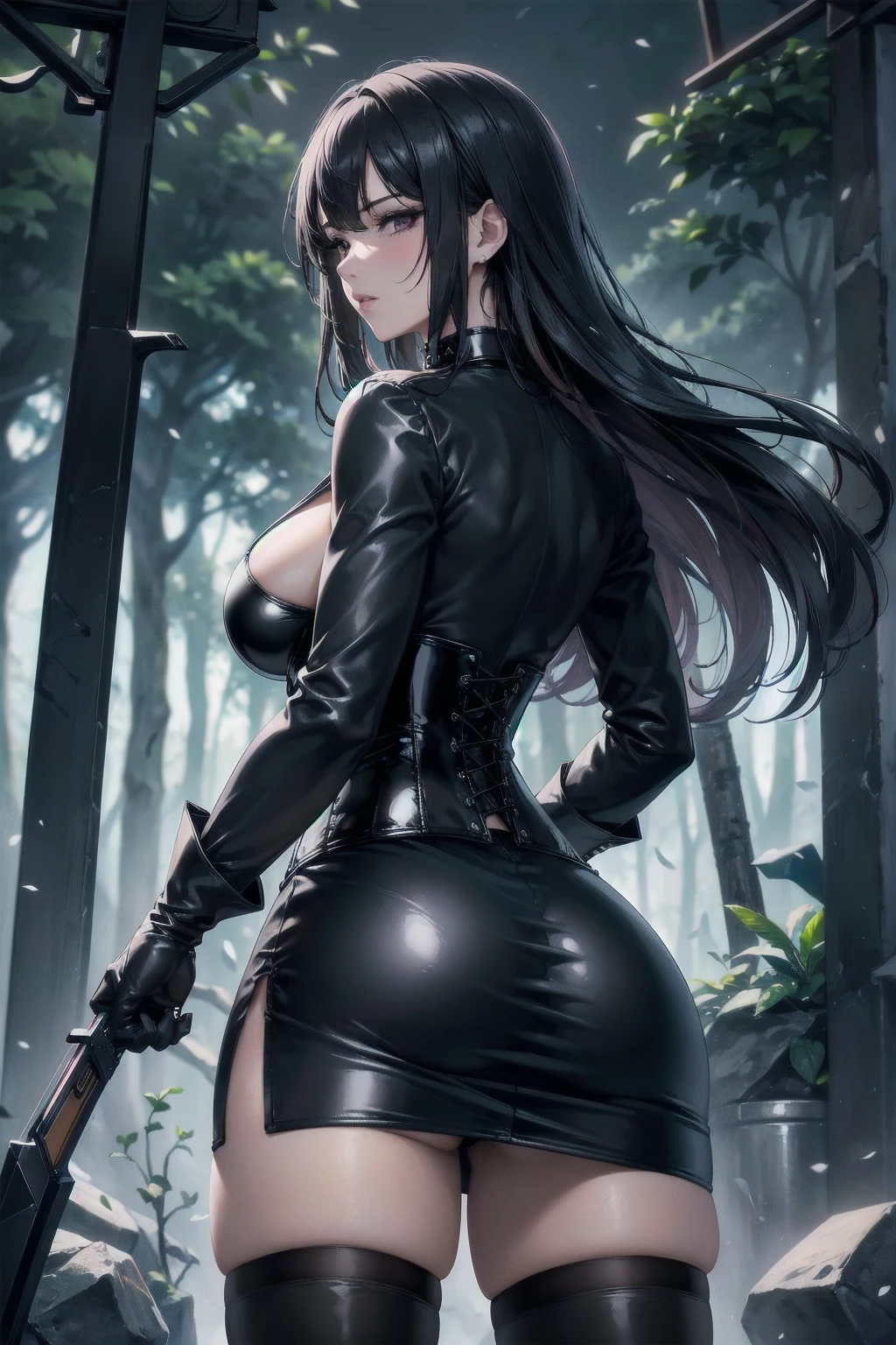 Masterpiece, Superior image quality, high resolution, 4k image,photo and gross, photorealistic, whole body, distant view, 1 young man of 15 years, {{{vagina}}}, view from behind, perfect ass, big breasts, beautiful face, long black hair, black eyes, very detailed eyes, pink cheeks, serious expression, choker:1.6, (white collar button down long sleeve shirt), black gloves, gloves that cover hands, (holding a light crossbow in the right hand), (black leather corset), (shiny black miniskirt), Sensual Lips, show details in the eyes, dark forest path, evening, Atmosphere, fog