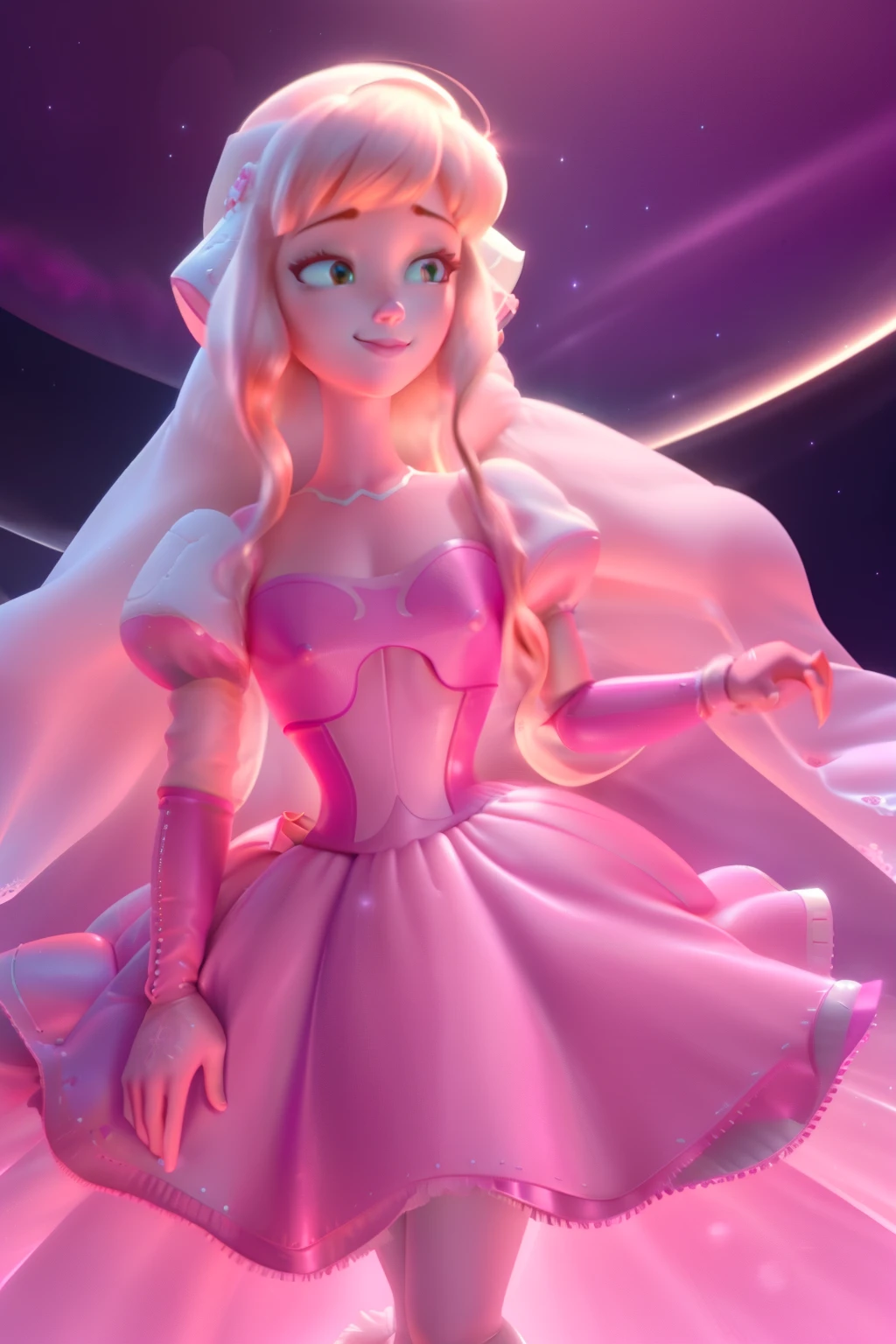 pnkdamond, pink hair, pink eyes, long hair, stomach gem, pink skin, toned,
puffy short sleeves, elbow gloves , white thighs, Puffy dress,
standing, Upper part of the body,
outer space,
(incredibly detailed, beautiful detailed face,Beautiful detailed eyes, Masterpiece, Best Quality) cinematic lighting, SMILE,
