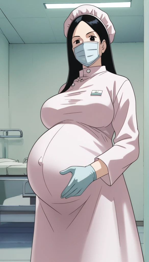 score_9,  score_8_up, score_7_up, source_anime, raw image, masterpiece, highest quality, kasuganoray, pale skin, she narrowed her eyes, looking_at_viewer, long black hair, big breasts, scrubs, surgical mask, bouffant cap, long sleeve maternity dress, put on another long sleeved coat, seamless, navel head, the dress isn't wrinkled, tight fitting, long white stockings, 
1girl, pregnant, solo, sexy, long rubber gloves, looking down, look at viewer, furrowed brow, hospital bed, light shines from the ceiling, standing, patient room background, she has a high sex drive, she is inquiring about the patient's condition