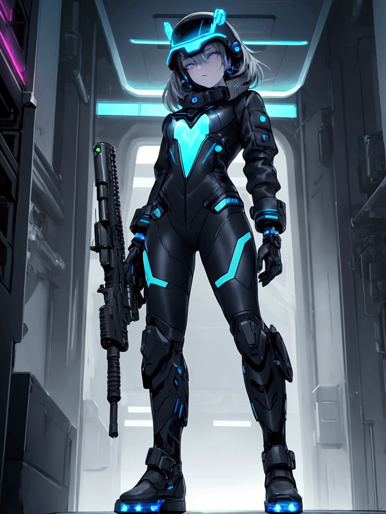 Using futuristic helmet, female character with ledpunk clothing, jacket with led light tubes. 1girl, a futuristic-looking male military commander with a fantastic ((square cyberhelmet head with blue lights)), wearing a pair of ((iron grey gloves)) and ((black military boots)), dressed in ((grey FROG suit)), standing in cyberpunk city, holding weapon, holding gun, rifle, handgun, assault rifle, wearing epTactical, face focus, UHD, anatomically correct, best quality, masterpiece, full body panel