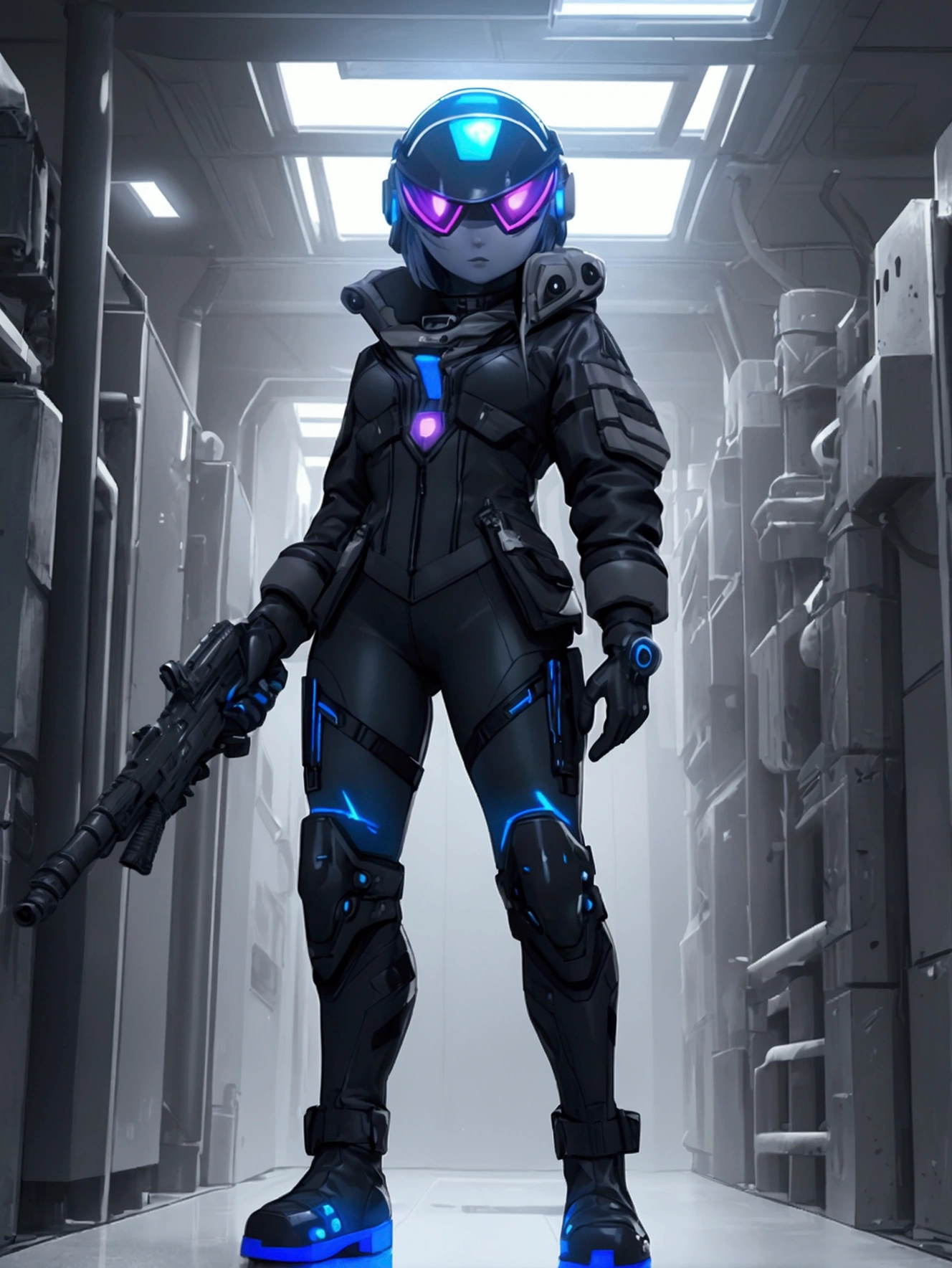 Using futuristic helmet, female character with ledpunk clothing, jacket with led light tubes. 1girl, a futuristic-looking male military commander with a fantastic ((square cyberhelmet head with blue lights)), wearing a pair of ((iron grey gloves)) and ((black military boots)), dressed in ((grey FROG suit)), standing in cyberpunk city, holding weapon, holding gun, rifle, handgun, assault rifle, wearing epTactical, face focus, UHD, anatomically correct, best quality, masterpiece, full body panel