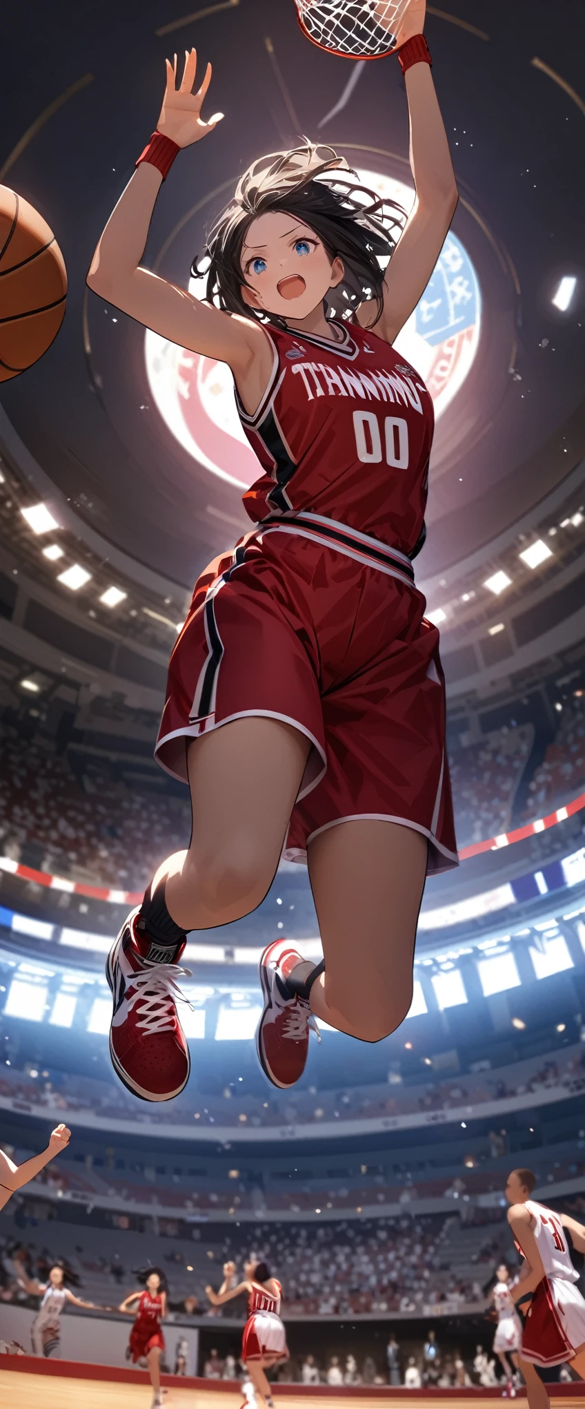 quality\(8k,wallpaper of extremely detailed CG unit, ​masterpiece,hight resolution,top-quality,top-quality real texture skin,hyper realisitic,increase the resolution,RAW photos,best qualtiy,highly detailed,the wallpaper,cinematic lighting,ray trace,golden ratio\), BREAK ,1girl\(hanging at basketball_ring\((dunk_shoot\((winning_dunk:1.5)\):1.5)\),beautiful, sweaty, breast,jumping high,muscularity, basketball uniform, basketball shoes, tall, black skin, dreadlocks,white wings on back\), 6+girl\(teammates,American, basketball uniform, basketball shoes, running to her\(great joy,excited\)\), (digital_timer shows '00:00':1.8), from below, dynamic pose, dynamic angle, basketball coat,studium\(United Center\), many excited spectators,(stadium shaking with loud cheers:1.3),very historical photo,The Pulitzer Prize photo,photo\(high_speed_shutter\)