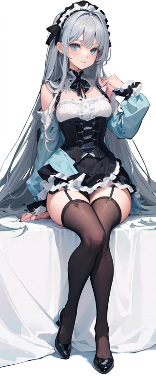 (long beautiful gray hair) cyan eyes, (Eyes behind long bangs) breasts big, standing pose, hands behind the back,  (wearing stockings) perfect beautiful and shiny cyan shoes (Wearing luxurious black palace maid clothes Perfect perfect noble)  side pose (Girl1, straight, gray hair that is not too long, bangs covering one eye, soft face, kind smile) grays long hair, beautiful cyan eyes (sitting pose, right hand down, Left hand down, leaning posture,  just smile, (Fundo branco em branco) wearing a black corset, (Using a beautiful bright blue ribbon) Kawai shy cute eyes (black shoes should be shiny, Must wear short white socks) Wrists must be completely bare, without a single piece of cloth covering either side Wrists must be completely bare, without a single piece of cloth covering either side Wrists must be completely bare, without a single piece of cloth covering either side, The bangs perfectly cover the left toe eye, Long bangs cover the left eye, black maid shirt long sleeves, cara fria, royal minister, standing pose 