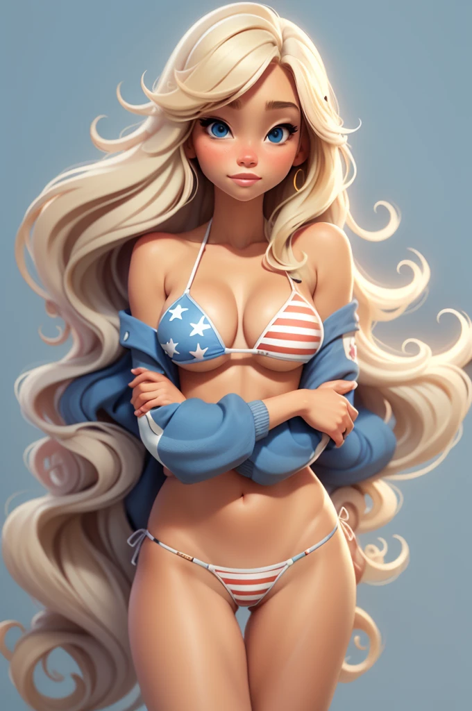 , straight hair, blonde hair, blonde, bikini usa in colors blue red and white