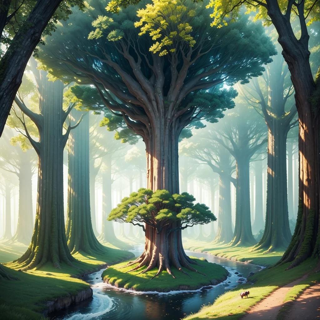 mysteriousな超巨大なトンネルの中に森がある,Super giant ginkgo tree,Tree of Life,Giant Tree Forest,There is a huge tree,Different world,new world,universe,There is a road in the middle of the forest,Different world,The sunlight from the sun shines on the earth,Colorful,Best Quality,8k,mysteriouultidimensional,High Dimension,Fantasy,Different space,There are many different creatures,Nature,romantic,A world beyond imagination,Dream world,universe,Huge river,masterpiece,最高masterpiece,perfection,