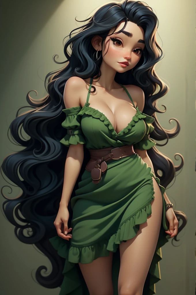 1 girl,Green Dress,Blue belt around waist,Red lips,Black Hair,breast,clavicle,Akimbo,Long hair,solo,Wavy hair,