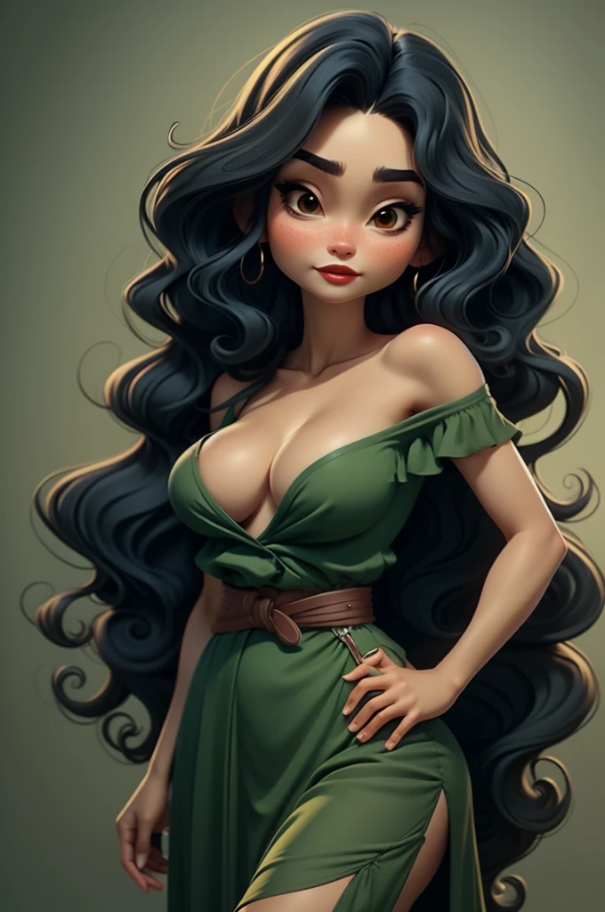 1 girl,Green Dress,Blue belt around waist,Red lips,Black Hair,breast,clavicle,Akimbo,Long hair,solo,Wavy hair,