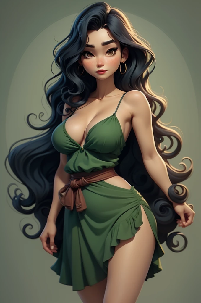 1 girl,Green Dress,Blue belt around waist,Red lips,Black Hair,breast,clavicle,Akimbo,Long hair,solo,Wavy hair,