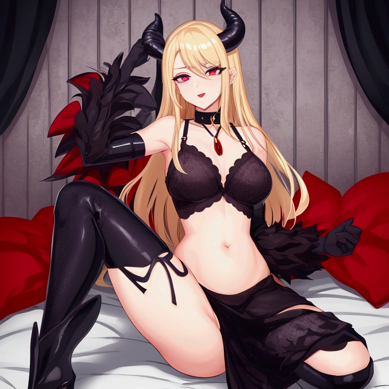 Physical appearance:
* body: slim and curvy figure, emphasizing her femininity. narrow waist and pronounced hips.
* fur: light and uniform tone, almost pale, contrasting with her dark outfit.
* horns: two red horns curving upward from his forehead, with a soft and shiny texture.
* Eyes: Large and almond-shaped, of an intense and bright red, that transmit a seductive and dangerous look.
* cola: long and pointed, red like their horns, that moves gracefully behind her.
* Hair: long and straight, of a golden blonde that cascades down her back and frames her face.
* Facial expression: red lips slightly curved in an enigmatic smile, arched eyebrows and a confident and challenging look.
Attire:
* dress: fitted black qipao, with a plunging neckline and a high leg slit. Pink and blue details on the collar, sleeves and hem.
* gloves: long and black, that reach up to the elbows, made of a soft and shiny material.
* Boots: high heel and platform, black with gold details on the heel and toe.
* accessories: gold belt with a skull-shaped buckle, gold dagger-shaped earrings and a gold necklace with a heart-shaped pendant.
Around:
* landscape: rocky and arid, with steep mountains and a cloudy sky in the background.
* lightning: golden light of the setting sun, creating a dramatic contrast with the shadows.
Environment:
* **Atmosphere:**mysterious and seductive, with a feeling of latent danger.
* Emotion: confidence and power, with a touch of arrogance.
General impression:
A beautiful and dangerous demonic figure, that emanates an aura of power and mystery.