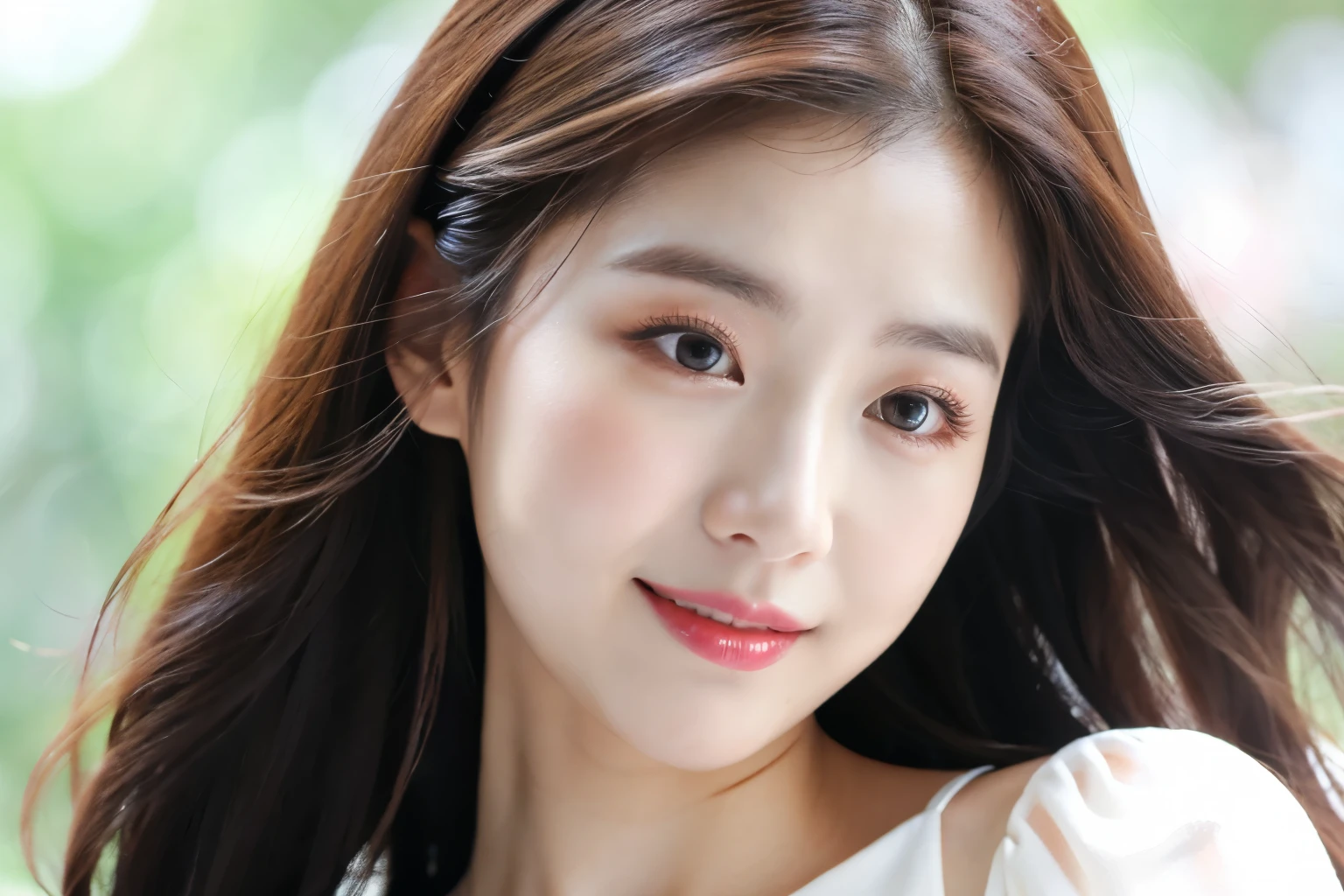 a close up of a woman with long hair and a white dress, beautiful south korean woman, young adorable korean face, wan adorable korean face, popular south korean makeup, beautiful young korean woman, korean girl, gorgeous young korean woman, jaeyeon nam, dilraba dilmurat, lalisa manobal, popular korean makeup, bae suzy