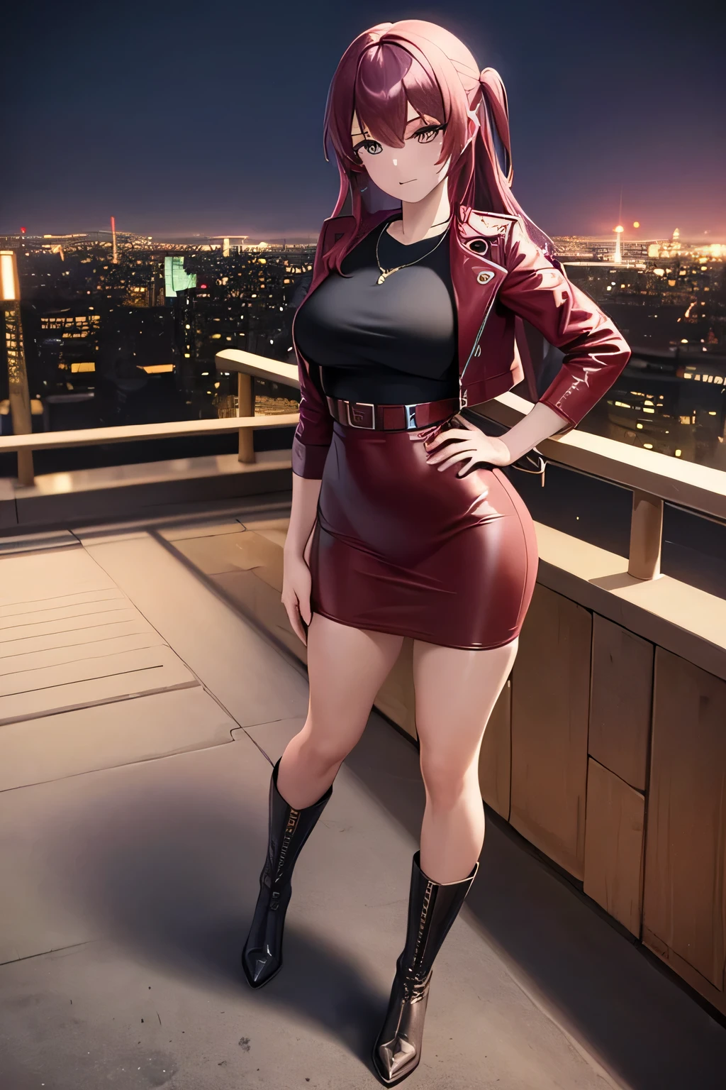 ((masterpiece, best quality, ultra-detailed)), beautiful woman looking at viewer, red leather jacket, black midi pencil skirt, long pencil skirt, leather boots, headphones, necklace, full body, purple hair, city rooftop, fence, night sky, blue lights, hand on hip
