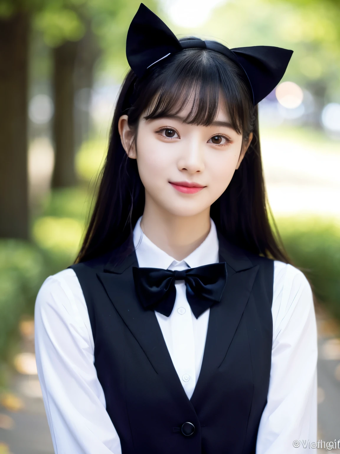 araffe girl with long black hair wearing a bow tie and a black vest, kim doyoung, she has black hair with bangs, jaeyeon nam, lalisa manobal, seifuku, jinyoung shin, wan adorable korean face, portrait of jossi of blackpink, ulzzang, sun yunjoo, portrait of female korean idol, lee ji - eun
