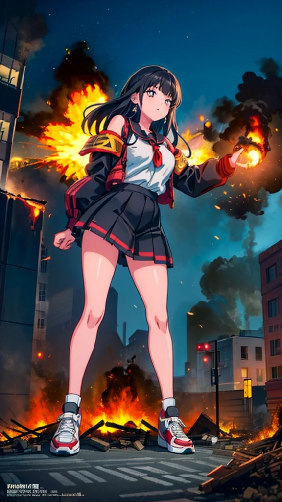 ((giantess))　((giant girl)) ((Girl in an aggressive pose)) ((Destroyed city)) ((Burning)) ((Fire)) ((explosion)) ((Black smoke)) ((Pile of rubble)) Masterpiece Unreal Engine Anime style Delicate drawing 4k 90's Giant Multiple girls Crowd School building City Giant high school girl standing in the valley of the school building Sailor suit Skirt Black hair Smile Female giant giant girl Whole body Destroyed skyscrapers Destroyed cars Crowd Unreal Engine, cleavage, a drawing of a , earrings, long hair, 1980s (style) Cute drawing, beautiful woman, analog style, whole body, sneakers