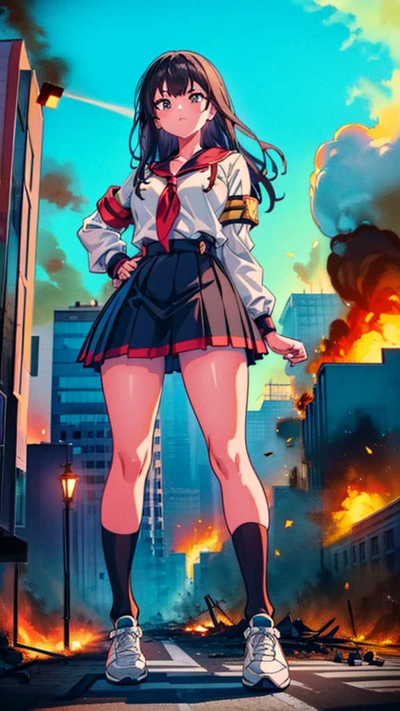((giantess))　((giant girl)) ((Girl in an aggressive pose)) ((Destroyed city)) ((Burning)) ((Fire)) ((explosion)) ((Black smoke)) ((Pile of rubble)) Masterpiece Unreal Engine Anime style Delicate drawing 4k 90's Giant Multiple girls Crowd School building City Giant high school girl standing in the valley of the school building Sailor suit Skirt Black hair Smile Female giant giant girl Whole body Destroyed skyscrapers Destroyed cars Crowd Unreal Engine, cleavage, a drawing of a , earrings, long hair, 1980s (style) Cute drawing, beautiful woman, analog style, whole body, sneakers