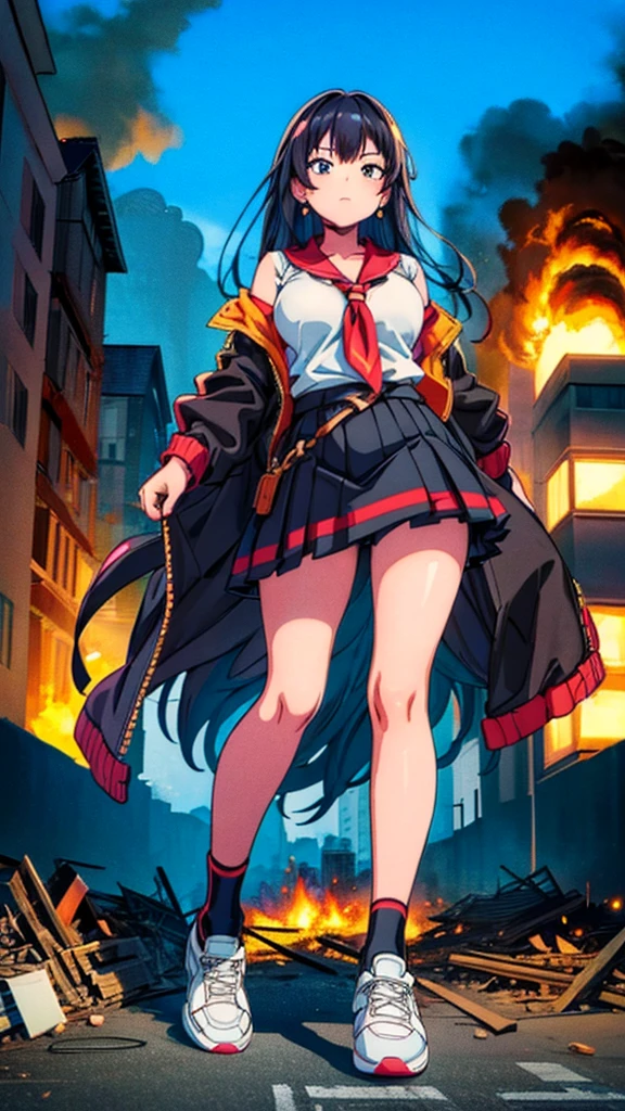 ((giantess))　((giant girl)) ((Girl in an aggressive pose)) ((Destroyed city)) ((Burning)) ((Fire)) ((explosion)) ((Black smoke)) ((Pile of rubble)) Masterpiece Unreal Engine Anime style Delicate drawing 4k 90's Giant Multiple girls Crowd School building City Giant high school girl standing in the valley of the school building Sailor suit Skirt Black hair Smile Female giant giant girl Whole body Destroyed skyscrapers Destroyed cars Crowd Unreal Engine, cleavage, a drawing of a , earrings, long hair, 1980s (style) Cute drawing, beautiful woman, analog style, whole body, sneakers