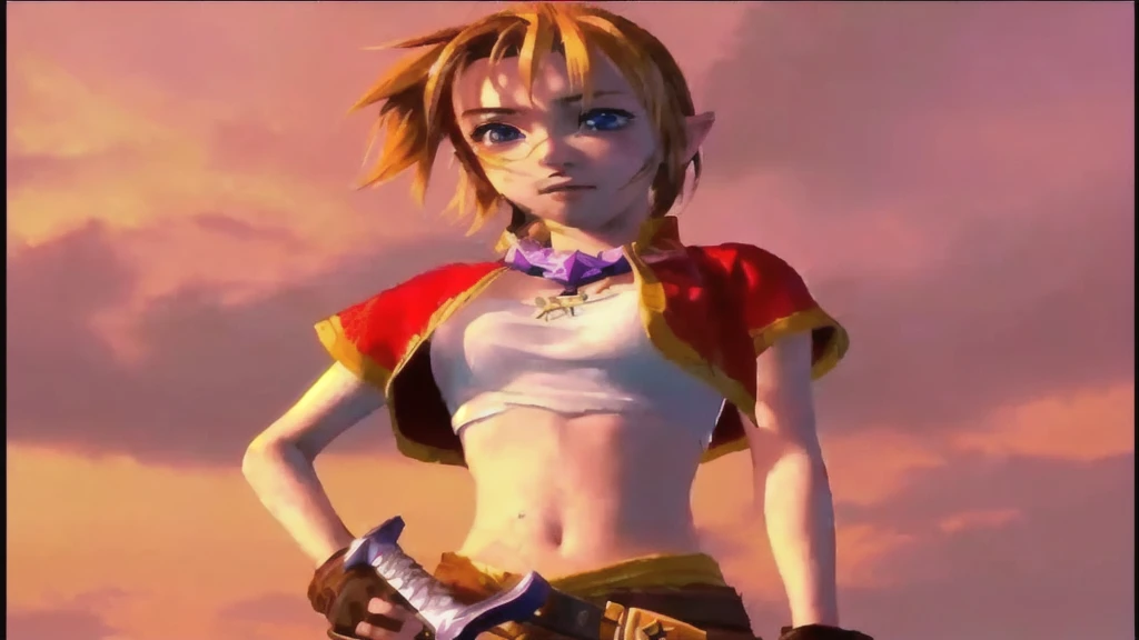 There is a cartoon picture of a woman holding a sword, Natalie in an epic battle fantasy, art style of dark cloud 2, Video Game Characters, Zelda, Female protagonist, Video game cutscenes, JRPG Characters, Ocarina of Time Movie, crono, sky, Final Fantasy Characters, Majora Mask, From Kingdom Hearts, Final Fantasy X, CGI Cutscene