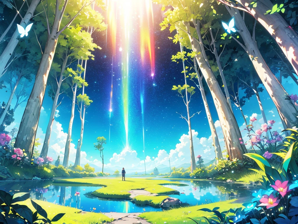 A mystical grove, with luminous flowers, multicolored neon butterflies, crystal clear water, beautiful trees, (((unique view with extremely vivid multicolors without any people))), {extremely detailed 16k CG unity wallpaper}, expansive natural landscape photography, (wide open field view), (low angle shot),complex details, (iridescent colors: 1.6), (bright lighting), (atmospheric lighting), Dreamy, unique, no people, reflections perfect,(no humans),landscape only, pixiv_fantasia