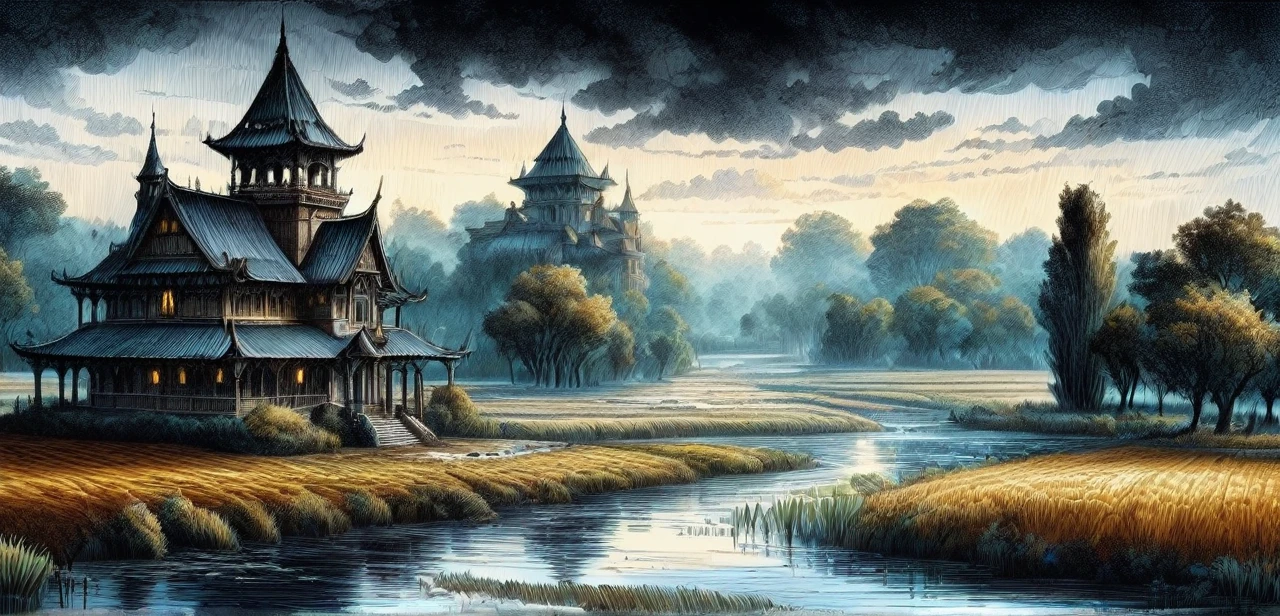 fantasy, Floodplain, ink drawing, Masterpiece realistic, best high quality, perfect details, intricate details, nice lighting, detailed background,