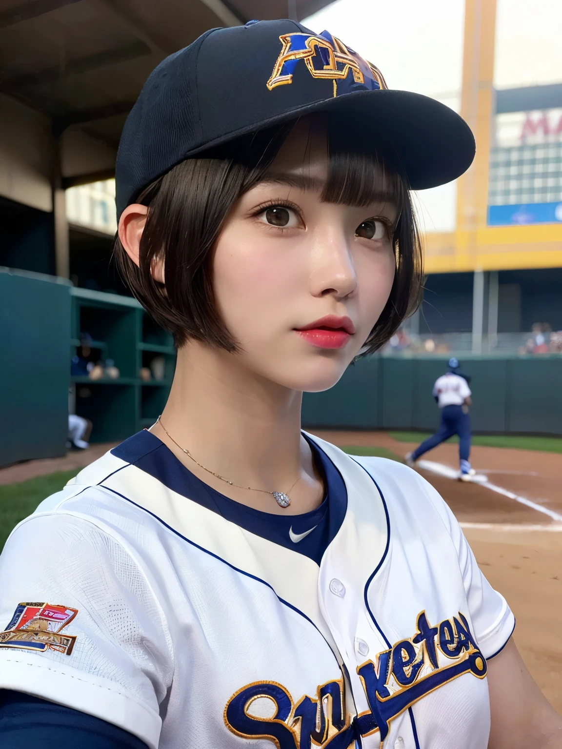 (8k), (best quality), (masterpiece:1.3), (realistic), (photorealistic:1.36), ultra-detailed, cinema lights,((baseball player:1.2)),baseball hat,
1girl, solo, (((dark short cut hair with bangs))), (finely detailed beautiful amber eyes: 1.2),  lustrous skin, show Clavicle, perfect skin, (adult face:1.2), (medium_breasts:1.3),