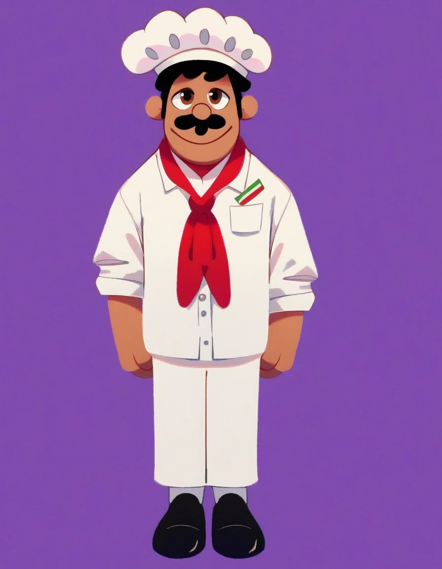chef_pee_pee, solo, simple background, black hair, 1boy, hat, brown eyes, full body, male focus, purple background, black mustache, chef hat, chef, chef shirt with "chef pee pee" on it, normal white chef hat, red neckerchief, white pants, black shoes, italian