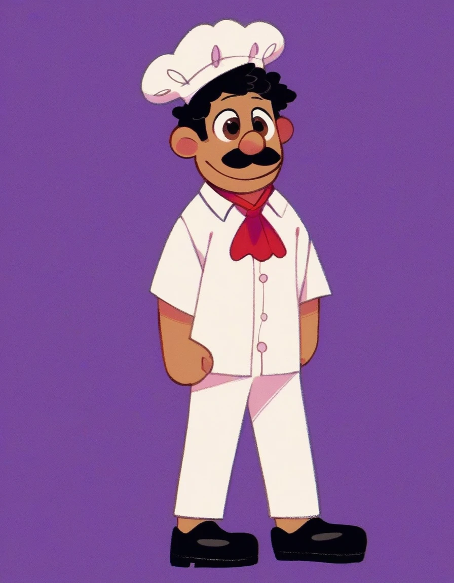 chef_pee_pee, solo, simple background, black hair, 1boy, hat, brown eyes, full body, male focus, purple background, black mustache, chef hat, chef, chef shirt with "chef pee pee" on it, normal white chef hat, red neckerchief, white pants, black shoes, italian