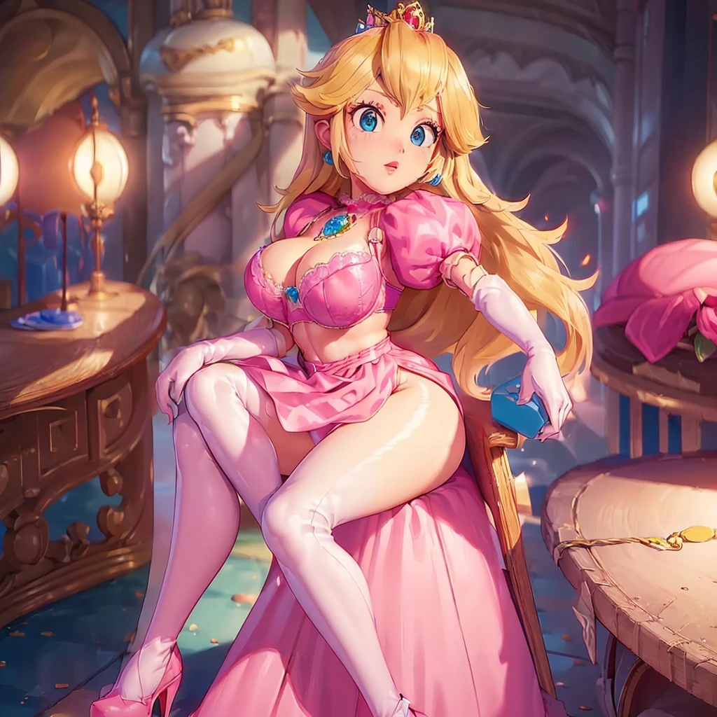 (Highest quality). (Super detailed). (One girl), View the viewer. (Detailed Background). Beautiful and fine details. Delicate and beautiful face. (High saturation), Big breasted, Saggy breasts, Blonde, Crown, (((Pink bra with straps))), (((Long legs))), (((Huge breasts))),