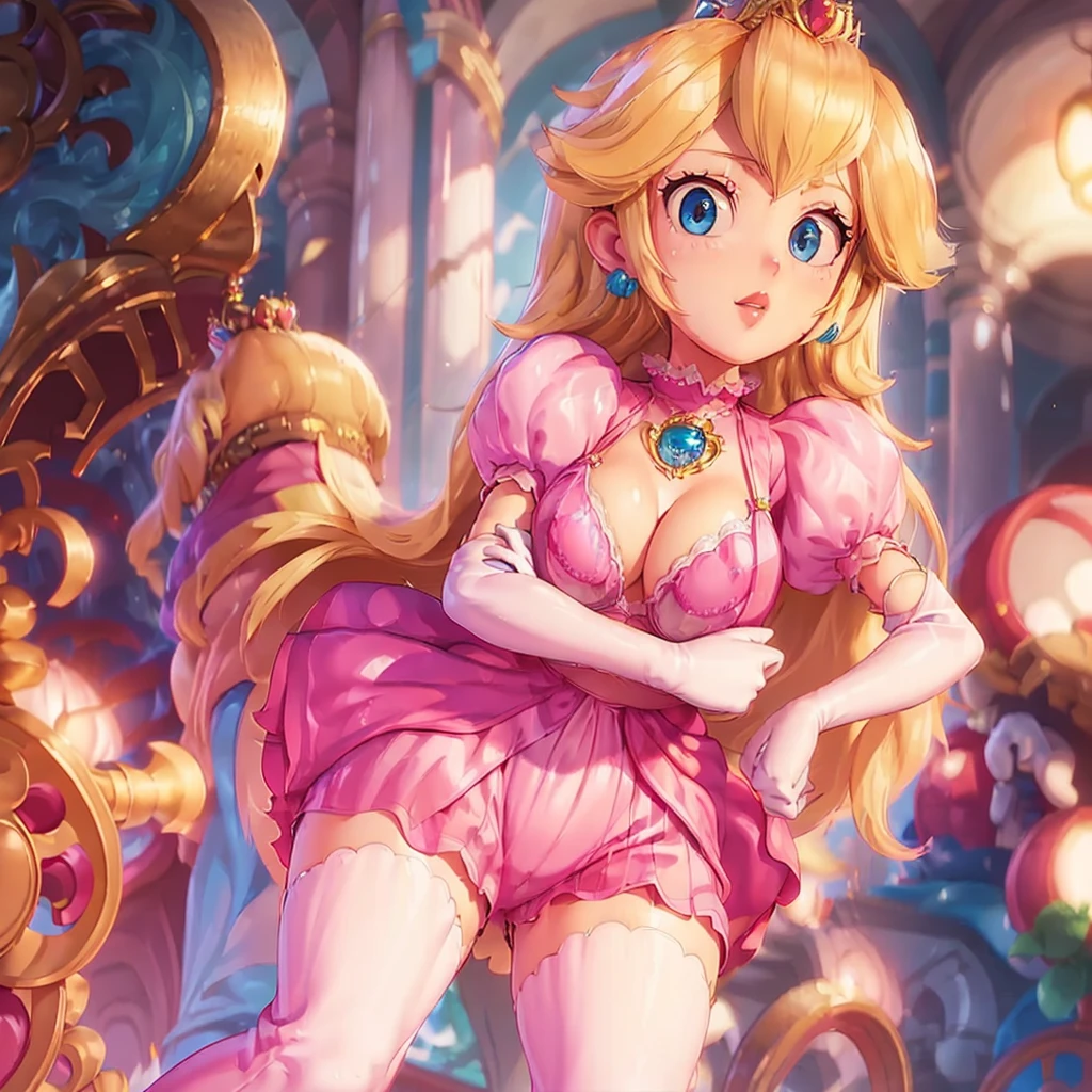 (Highest quality). (Super detailed). (One girl), View the viewer. (Detailed Background). Beautiful and fine details. Delicate and beautiful face. (High saturation), Big breasted, Saggy breasts, Blonde, Crown, (((Pink bra with straps))), (((Long legs))), (((Huge breasts))), 