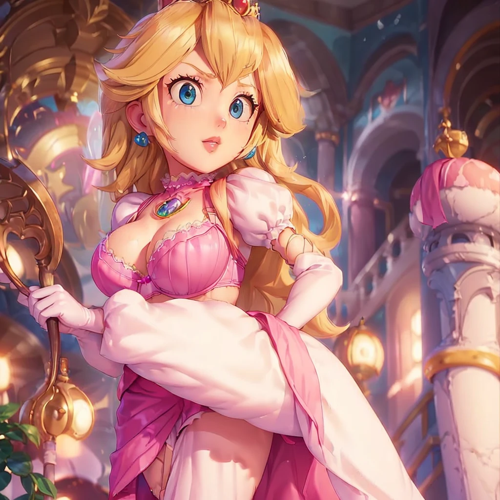 highres, masterpiece, perfect luminosity, flower, cinematic lighting, bedroom, open-legged, adult, perfect skin, female, ((cowboy shot)), standing, smile, ((Princess dress, pink dress, lift skirt, skirtlift)), pubic hairy, har pubic, narrow waist, thin, (Princess Peach), detailed eyes, blue eyes, choker, sexy pink lips, ((shiny lips)), pumps, shiny skin, oily skin, beautiful light, (day: 1.3), shiny, hot, sexy, nsfw, medium breasts,