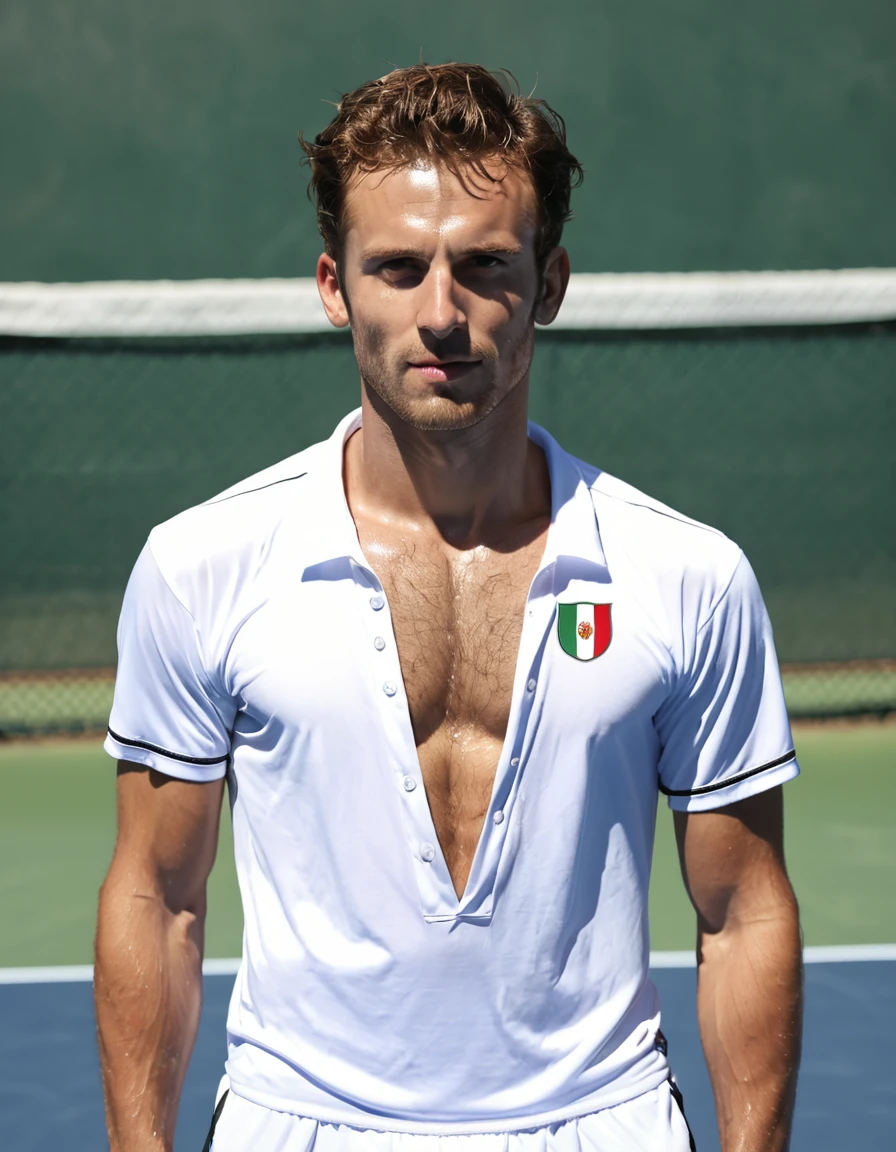 (score_9, score_8_up:1.1), score_7_up, realistic picture, 1boy, italian dad playing tennis at the tennis court, shirless,hairy chest, , 40 year old, sweat , detailed background, , penis out, confident