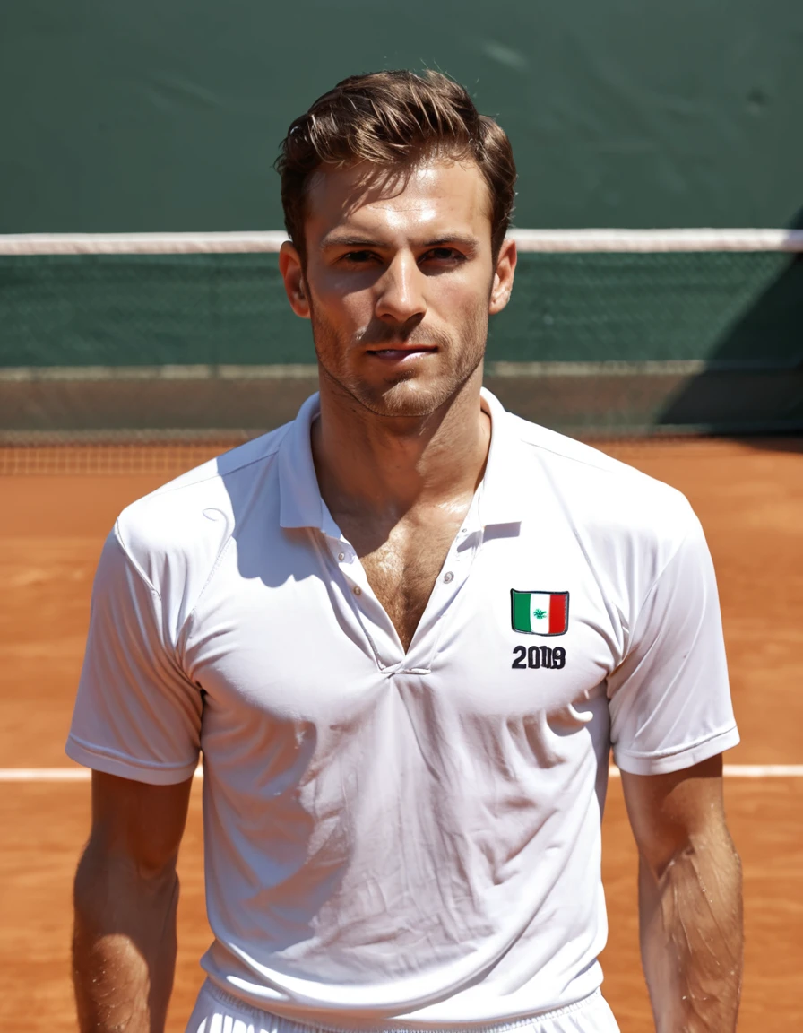 (score_9, score_8_up:1.1), score_7_up, realistic picture, 1boy, italian dad playing tennis at the tennis court, shirless,hairy chest, , 40 year old, sweat , detailed background, , penis out, confident