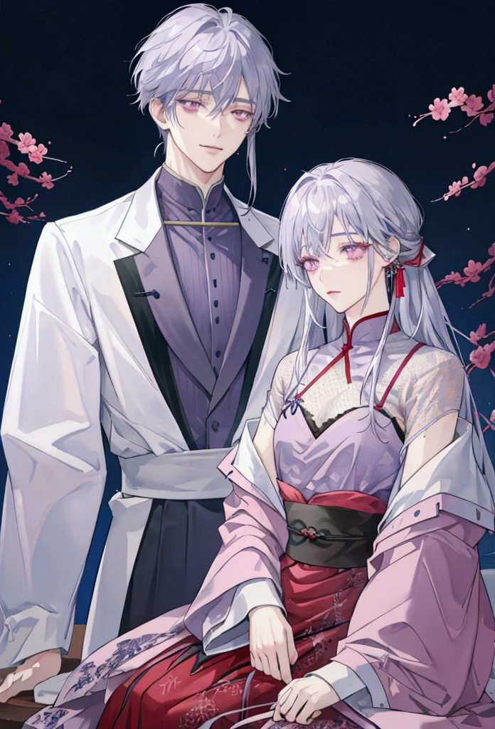 派手なSilver HairのTwo men、host、watercolor、Line art only、The one on the right has red eyes、The one on the left has purple eyes、Two men、Silver Hair、Contains mesh
