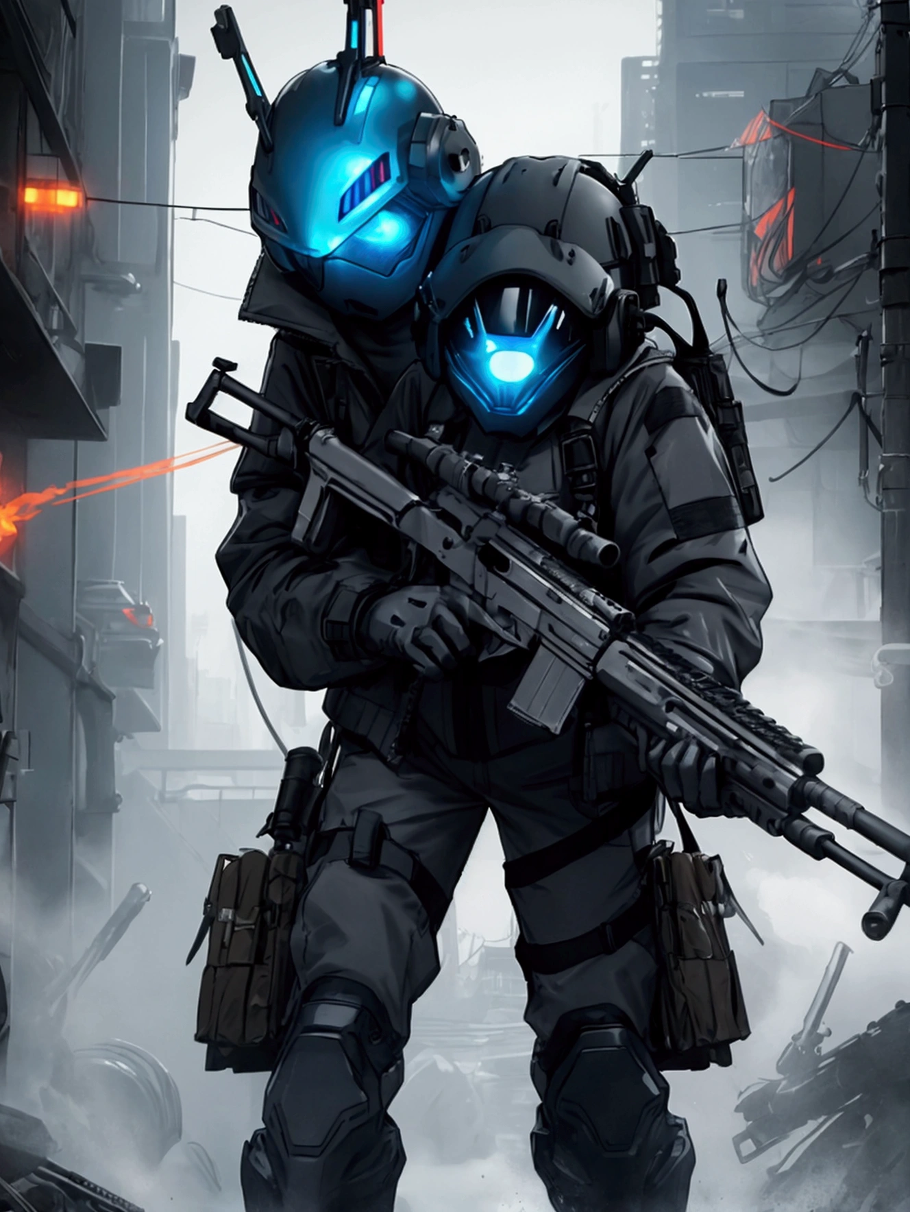 Using a flamethrower, Using full-face futuristic helmet, female character with ledpunk clothing, jacket with led light tubes. 1girl, a futuristic-looking male military commander with a fantastic ((square cyberhelmet head with blue lights)), wearing a pair of ((iron grey gloves)) and ((black military boots)), dressed in ((grey FROG suit)), standing in cyberpunk city, holding weapon, holding gun, rifle, handgun, assault rifle, wearing epTactical, face focus, UHD, anatomically correct, best quality, masterpiece, full body panel