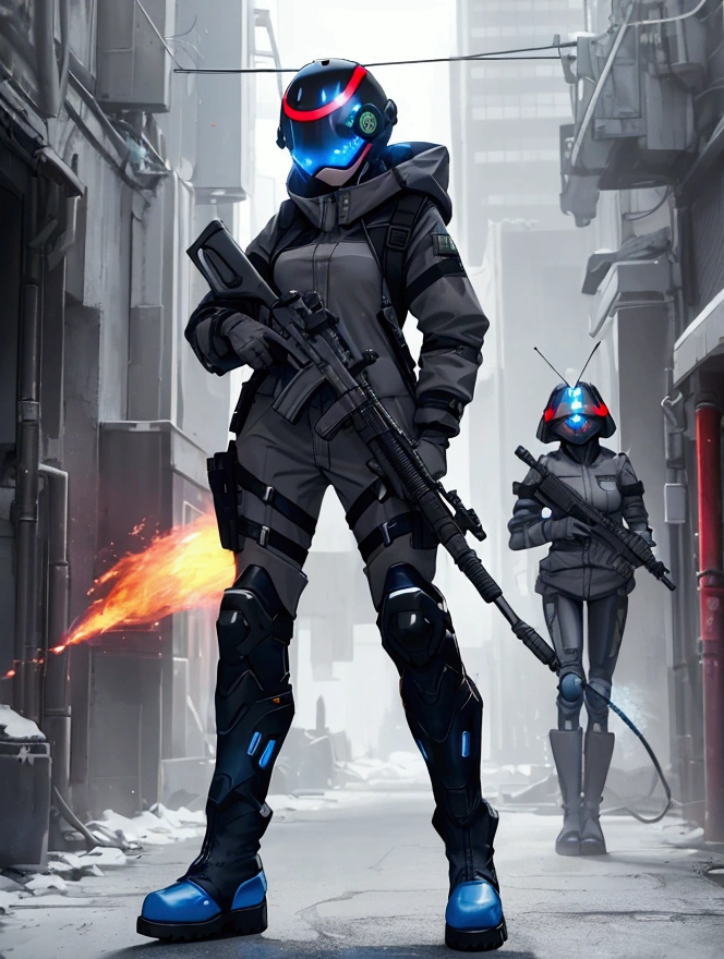Using a flamethrower, Using full-face futuristic helmet, female character with ledpunk clothing, jacket with led light tubes. 1girl, a futuristic-looking male military commander with a fantastic ((square cyberhelmet head with blue lights)), wearing a pair of ((iron grey gloves)) and ((black military boots)), dressed in ((grey FROG suit)), standing in cyberpunk city, holding weapon, holding gun, rifle, handgun, assault rifle, wearing epTactical, face focus, UHD, anatomically correct, best quality, masterpiece, full body panel