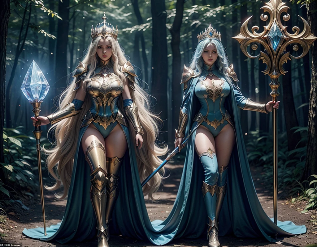 In a pleasant forest, women full body, legs thick, hips. wearing a blue suit of paladin powers, futurist. Armadura templária com detaileds de ouro fino, A goddess with long white hair, ultra detailed eyes, gold Crown, holding a staff with large glowing crystal at the tip of the glowing staff, detaileds: 1.2) 4K ultra-HD, slr digital, soft lighting, high qualiy