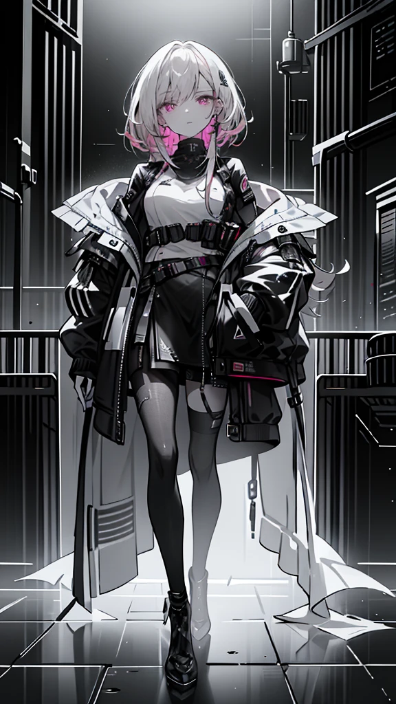 1 redheaded girl, pink eyes, cyberpunk, hand in pocket, white heels, detailed face, beautiful detailed eyes, beautiful detailed lips, extremely detailed eyes and face, long eyelashes, high quality, 4k, 8k, highres, masterpiece:1.2, ultra-detailed, realistic, photorealistic:1.37, HDR, UHD, studio lighting, ultra-fine painting, sharp focus, physically-based rendering, extreme detail description, professional, vivid colors, bokeh, portraits, sci-fi, neon lights