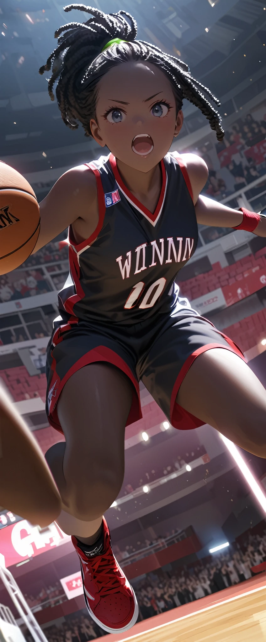 quality\(8k,wallpaper of extremely detailed CG unit, ​masterpiece,hight resolution,top-quality,top-quality real texture skin,hyper realisitic,increase the resolution,RAW photos,best qualtiy,highly detailed,the wallpaper,cinematic lighting,ray trace,golden ratio\), BREAK ,1girl\(hanging at basketball_ring\((dunk_shoot\((winning_dunk:1.5)\):1.5)\),beautiful, sweaty, breast,jumping high,muscularity, basketball uniform, basketball shoes, tall, black skin, dreadlocks,white wings on back\), 6+girl\(teammates,American, basketball uniform, basketball shoes, running to her\(great joy,excited\)\), (digital_timer says '00:00':1.6), from below, dynamic pose, dynamic angle, basketball coat,studium\(United Center\), many excited spectators,(stadium shaking with loud cheers:1.3),very historical photo,The Pulitzer Prize photo,photo\(high_speed_shutter\)