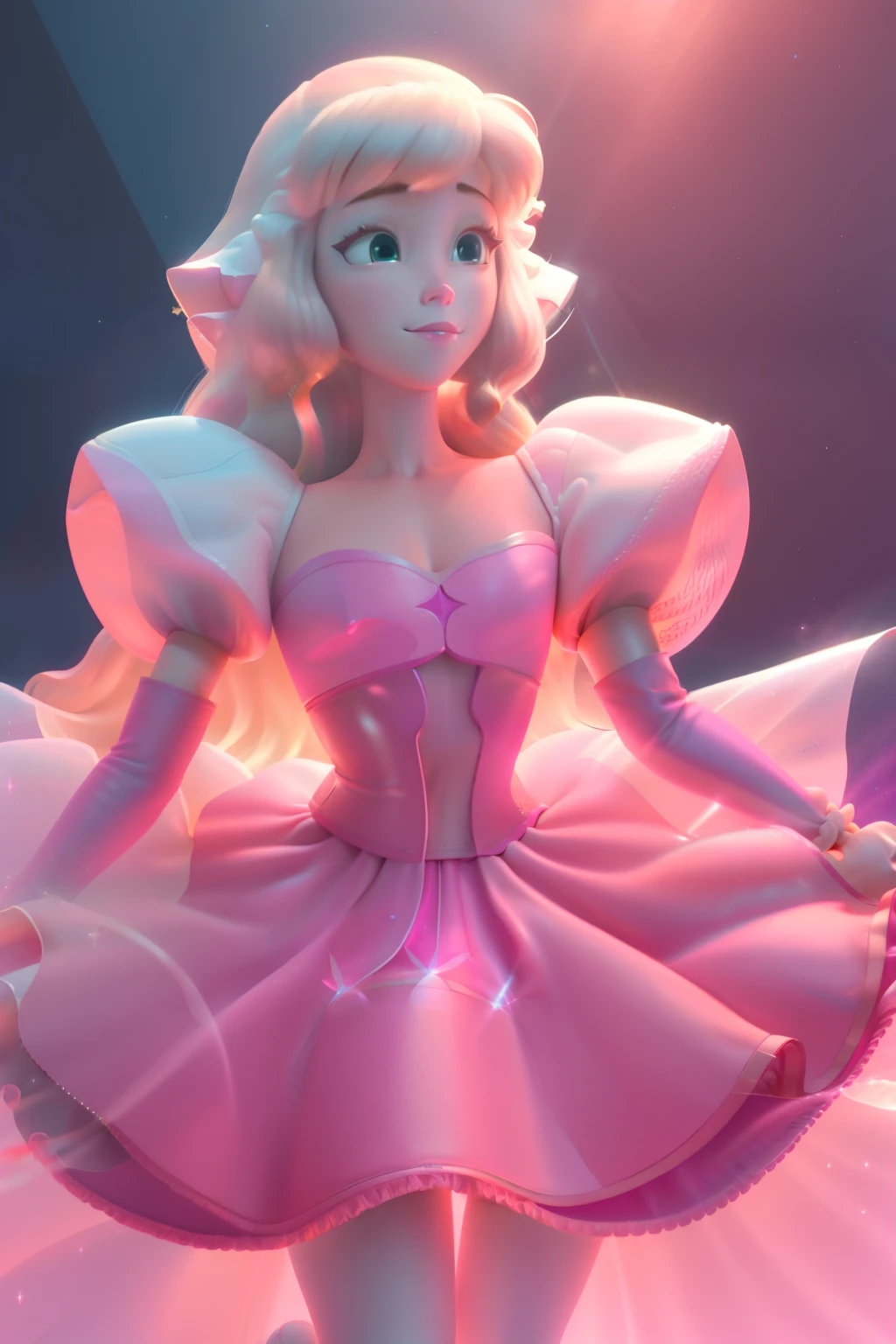 pnkdamond, pink hair, pink eyes,  long hair,  stomach gem,  pink skin,  toned, 
puffy short sleeves, elbow gloves ,  white thighs,   Puffy dress, 
standing, Upper part of the body, 
 outer space,  
(incredibly detailed, beautiful detailed face,Beautiful detailed eyes, Masterpiece, Best Quality) cinematic lighting,  SMILE, 
 
