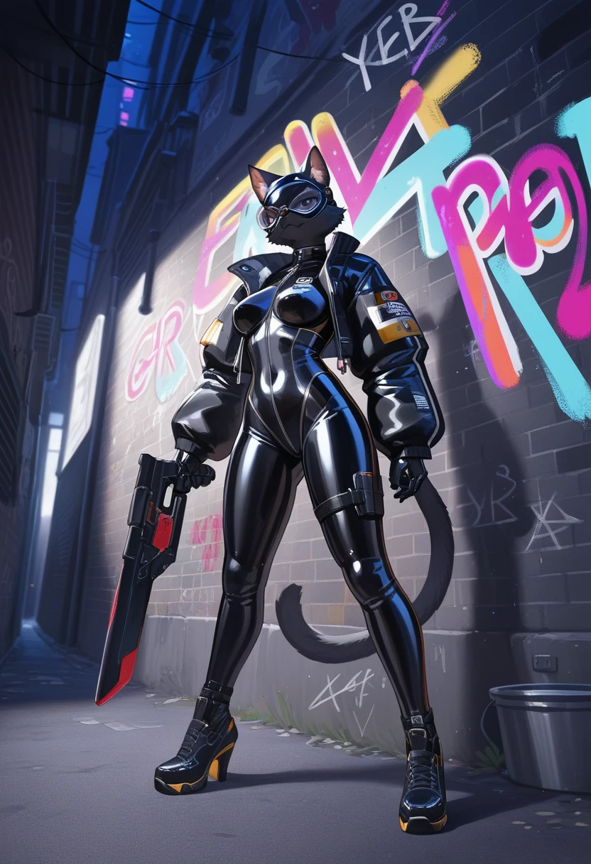 animation, Highest quality, Highest quality, High quality illustrations, masterpiece, Ultra-high resolution, Detailed Background, Alley, night, Graffiti art on the wall, Absurd, Perfect Anatomy, performance, Good lighting, Shadows in the movies(kemono, Furry PersonifiCation), Cat, woman, Black Skin, Rubber suit, latex, neon, neonライト, neonカラー, Bodysuits, Cyber Suit, Mech Suit, Rubber Half Jacket, cyber punk, Blade Runner, Holding a blade, Rubber Mask