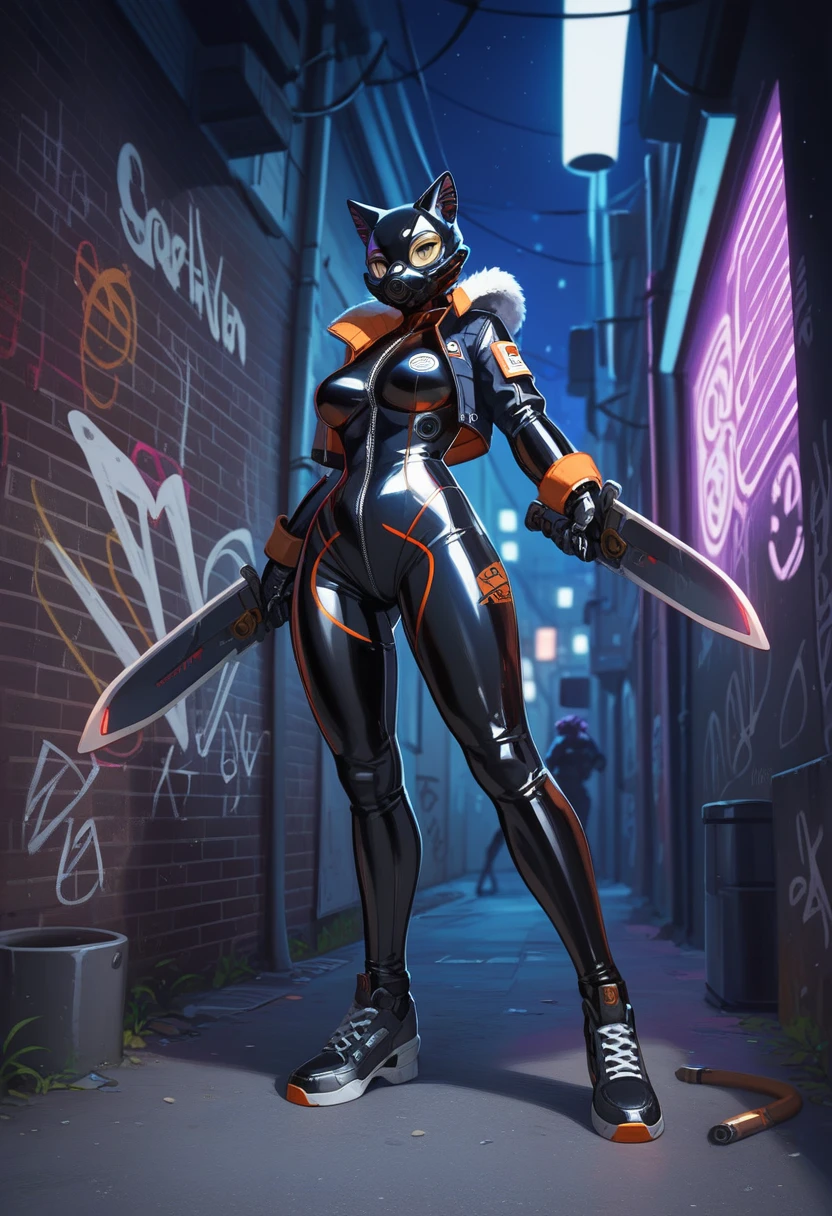 animation, Highest quality, Highest quality, High quality illustrations, masterpiece, Ultra-high resolution, Detailed Background, Alley, night, Graffiti art on the wall, Absurd, Perfect ???????, performance, Good lighting, Shadows in the movies(kemono, Furry PersonifiCation), Cat, woman, Black Skin, Rubber suit, latex, neon, neonライト, neonカラー, Bodysuits, Cyber Suit, Mech Suit, Rubber Half Jacket, cyber punk, Blade Runner, Holding a blade, Rubber Mask