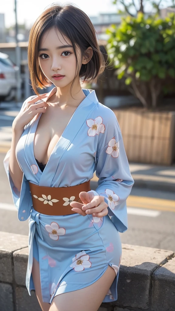 (8k, RAW Photos, Highest quality, masterpiece:1.2), (Long Bob Cut), Looking at the audience, Viewed from the front, ((Sexy pose, 性欲の強いエロチックなhigh school girl:1.2))、Beautiful white skin, knees, Absurd face is small, Part your bangs down the middle, The forehead is visible, Glare, ((Cute angry face with puffed cheeks:1.3, Jealousy)), Ultra-high resolution, One person, One personで, cute, Return to Student, (exterior々Colorful and sexy floral yukata:1.5), high school girl, (:1.5), Japanese women, Are standing, (Photorealistic:1.37), Photon Mapping, Realistic, cute顔が小さい, Brown eyes, prospect, Written boundary depth, Blurred Background, (I can see the bangs), Silky smooth hair, Beautiful thin thighs, Small beautiful butt, Light clothing, thigh, Nogizaka idol, Idol, (Detailed hands:1.1, Beautiful little hands of a girl:1.3), (Small beautiful breasts:1.5, Cleavage), Super quality, Low people, (Clear white skin, Skin with visible pores:1.2), (Focus on the face), Check and correct the garment construction, (Perfect Anatomy:1.3), (Detailed eyes and face:1.2, Professional photography techniques)