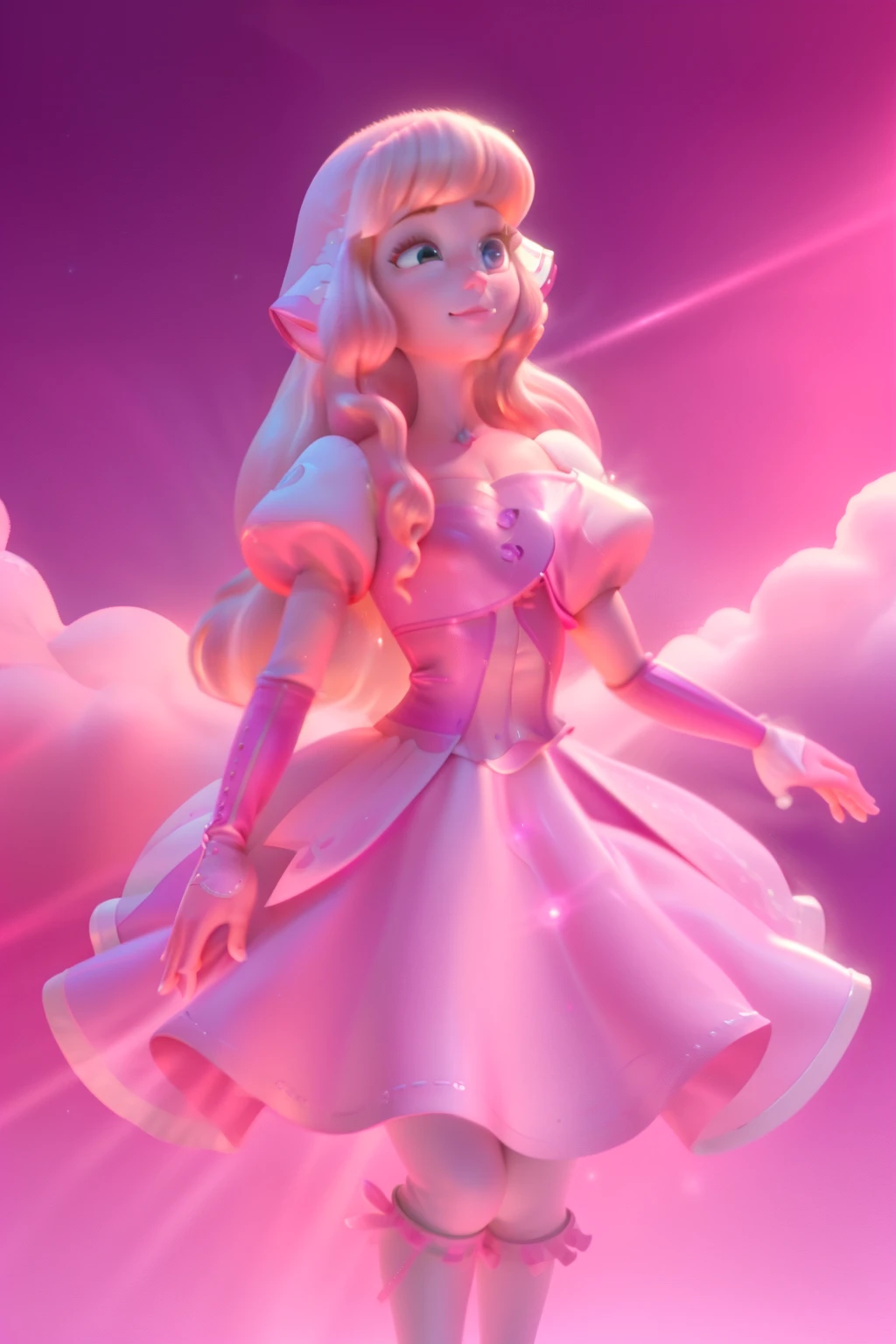 pnkdamond, pink hair, pink eyes,  long hair,  stomach gem,  pink skin,  toned, 
puffy short sleeves, elbow gloves ,  white thighs,   Puffy dress, 
standing, Upper part of the body, 
 outer space,  
(incredibly detailed, beautiful detailed face,Beautiful detailed eyes, Masterpiece, Best Quality) cinematic lighting,  SMILE, 
 