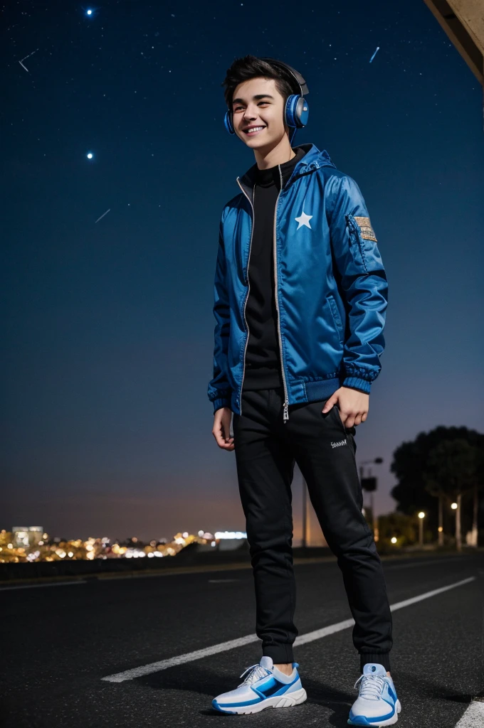 a cheerful dark-haired 17 year old boy with blue headphones on, a blue and black jacket, blue and black pants, black and blue sneakers, and in the background a blue night sky with small stars in the distance