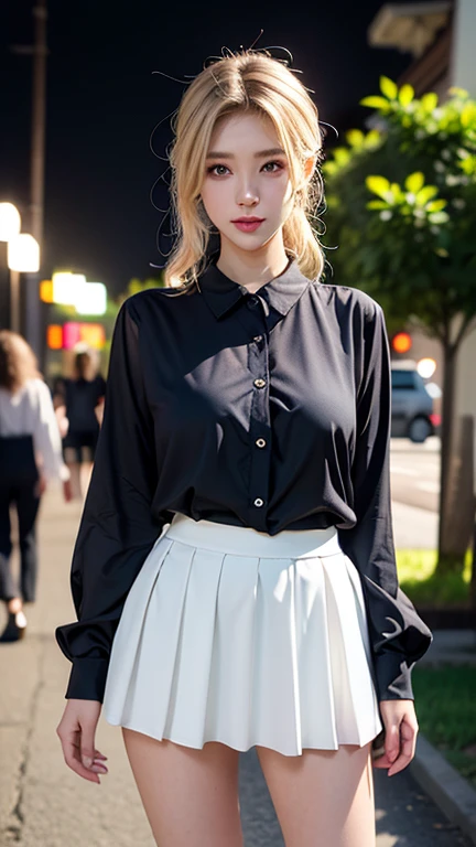 night scene、illumination、blue eyes、blonde、Full body photo、Sexy Face、Slicked back hair、、 Complete look、(((masterpiece)))、((Highest quality))、((超Realistic))、Mature woman、Mature woman、perspective、Very detailed、The perfect temptation、Best image quality、Fine-grained image quality、beautiful、Europe, woman, French, woman Italian, Italian, smile、blue eyes、jewelry, blue eyes, Realistic, High resolution, Glowing Skin, (Detailed face),jewelry, , night, blonde, Wavy Hair,attractive appearance, smile,White long sleeve button up blouse_Brown pleated mini skirt、light,Tyndall effect,Outdoor,cloud Ahan、Ahan、Ahanクリトリスバイブレーター刺激、